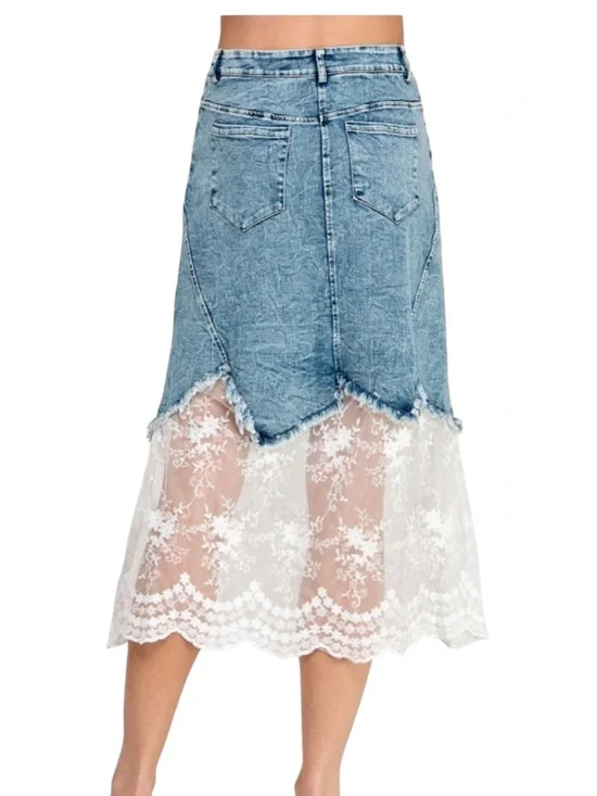 Denim & Lace Contrast Stretch Middy Skirt w Asymmetric Frayed Denim - Picture 2 of 2